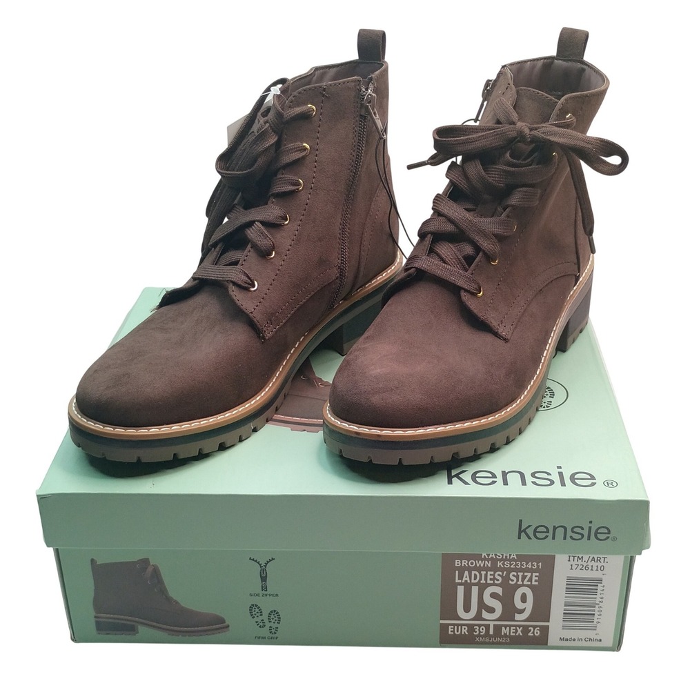 Kensie Kasha Boot Women Size 9 Brown Faux Suede Lace Up Side Zip Combat KS233431